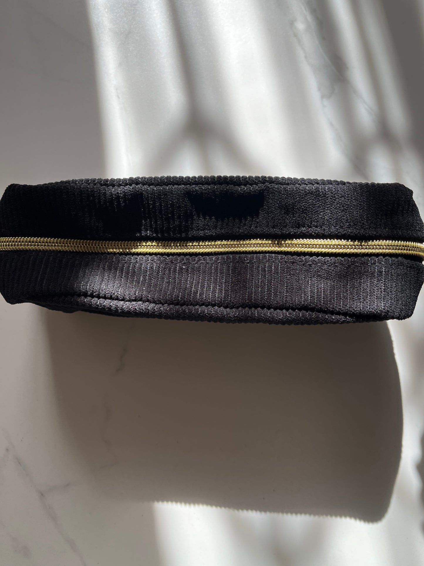 Black Corduroy Cosmetic Bag with Gold Zip