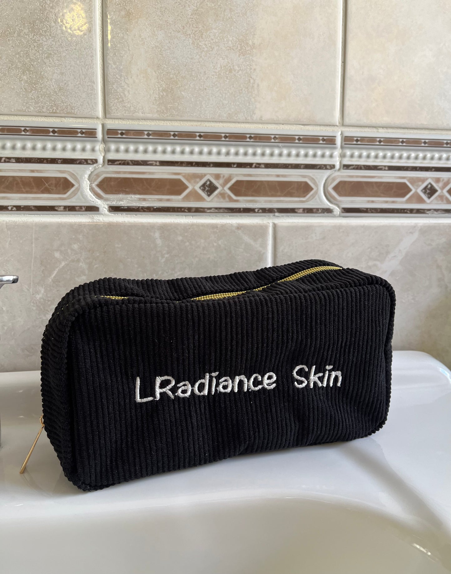Black Corduroy Cosmetic Bag with Gold Zip